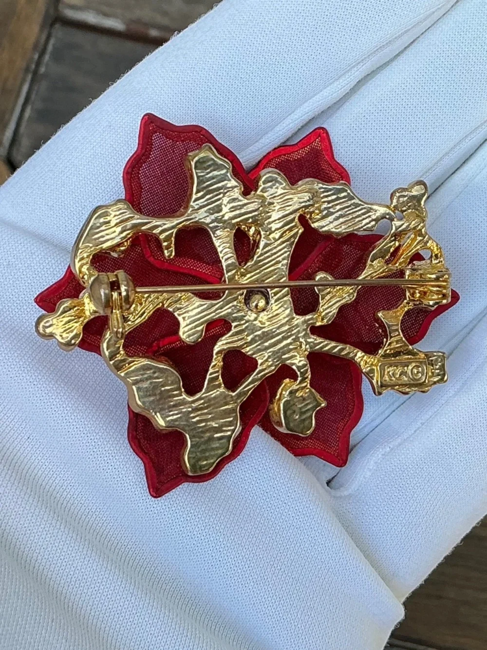 Vintage 1990s Kenneth Cole Signed Red Mesh Poinsettia Brooch Holiday Pin